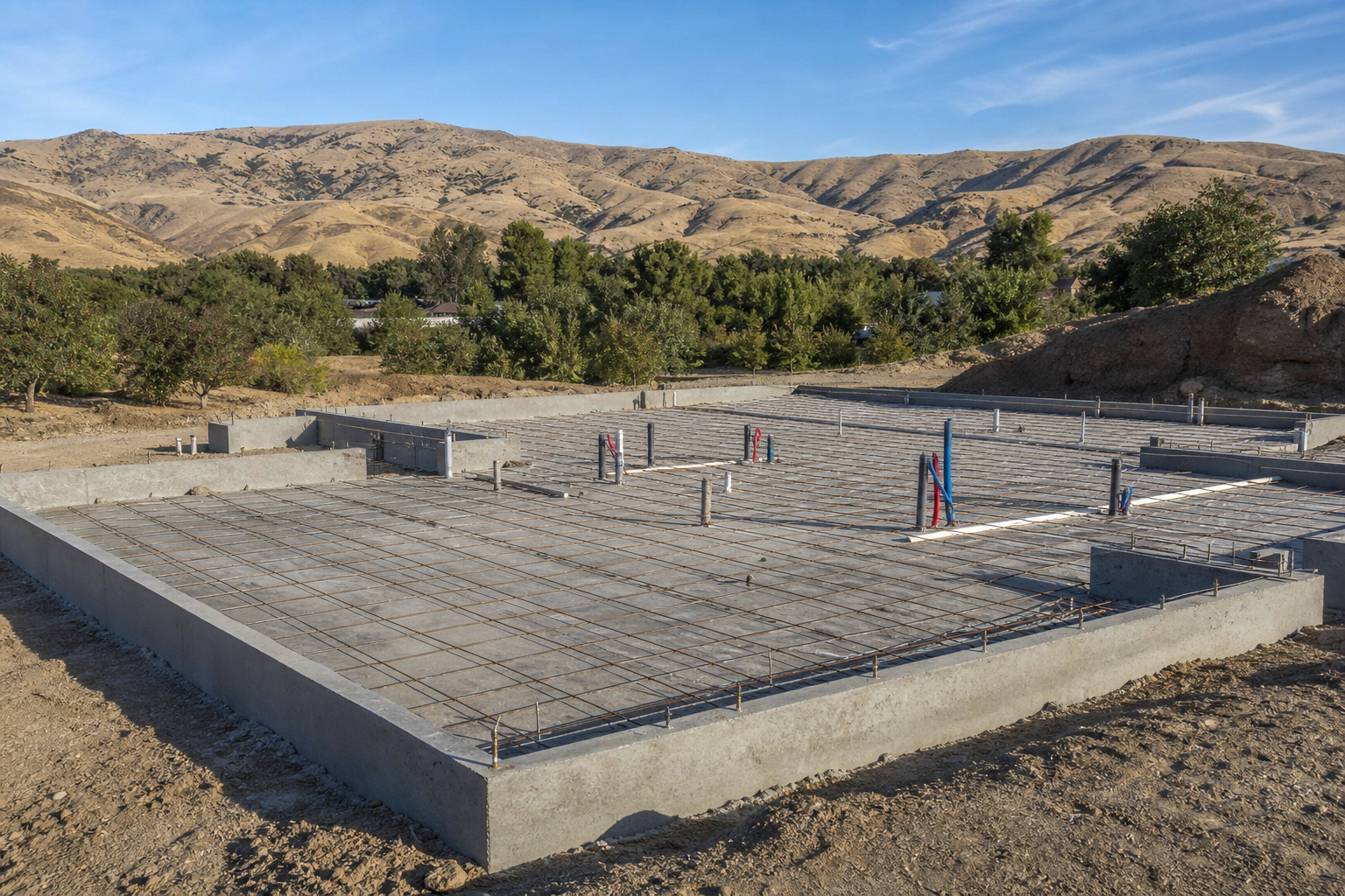Concrete foundation with rebar for a new custom home build